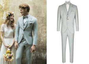 pan młody w popielatym garniturze ślubnym, w kamizelce, w muszce, w koszuli białej. Kolekcja Wilvorst Green Wedding