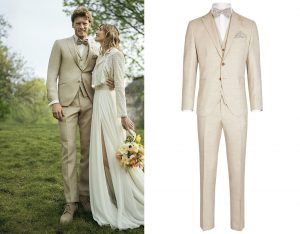 pan młody w beżowym garniturze ślubnym, w kamizelce, w muszce, w koszuli białej. Kolekcja Wilvorst Green Wedding