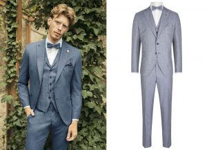pan młody w błękitnym garniturze ślubnym, w kamizelce, w muszce, w koszuli białej. Kolekcja Wilvorst Green Wedding