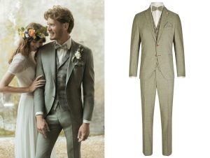 pan młody w szarym garniturze ślubnym, w kamizelce, w muszce, w koszuli białej. Kolekcja Wilvorst Green Wedding
